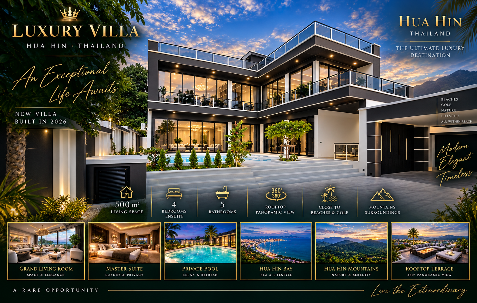 Contemporary 4-bed pool villa with 360-degree rooftop views, Hua Hin